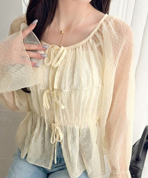 【mily bilet】1枚で2通り。透け感×チェックで、甘さをほどよく。前後2wayシアーチェックブラウス mi1359032