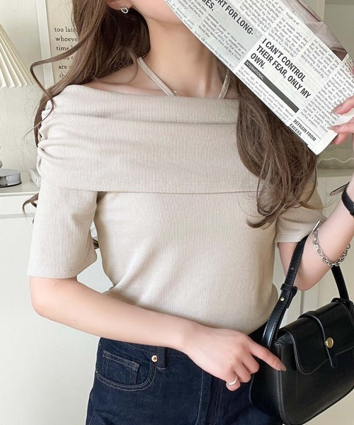 視線を奪う、美デコルテ。華奢見えを叶える、絶妙ドレープが◎ タイ付き五分袖オフショルトップス ce1240086