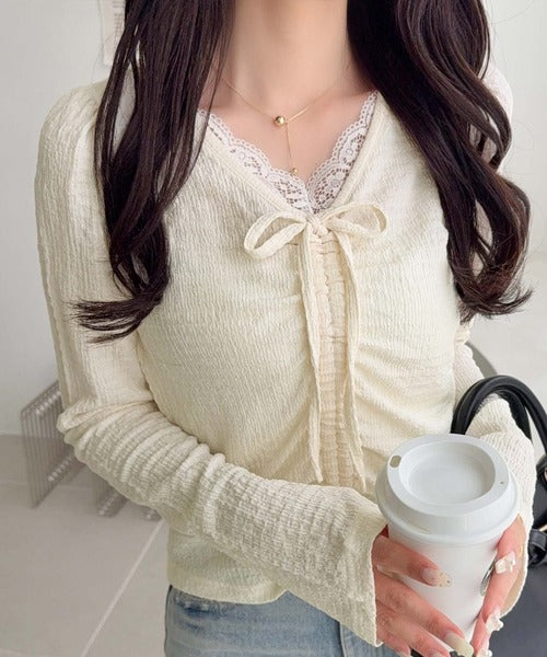 【mily bilet】レース×シャーリングで、甘さをひとさじ。レースドッキングパフスリーブジャガードトップス（長袖） mi1359080