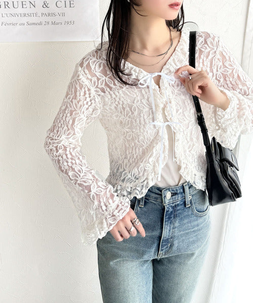 【mily bilet】トレンドが華やか♪花柄レースリボンカーディガン mi1019074
