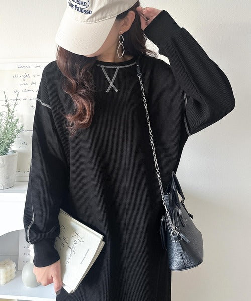 《JaVaジャバコラボ》後姿が可愛い◎配色ステッチワッフルロングワンピース（長袖） jv1260504