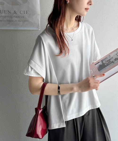 大人の女性を魅力的に引き立てる。袖口シアー切り替え 半袖 Tシャツ ce1110095