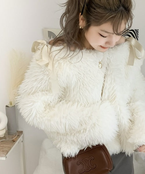 【mily bilet】冬の華やかトップス。オフショル２WAY肩リボンファートップス mi1019064