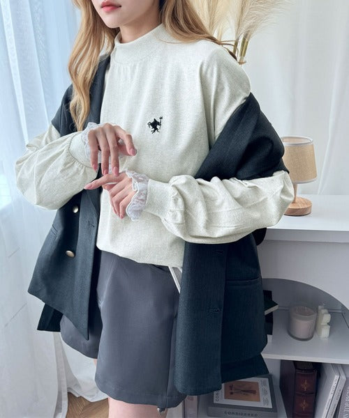 大人リラックススタイル。ワンポイント刺繍モックネック長袖Tシャツ（無地・ボーダー） ce1050216