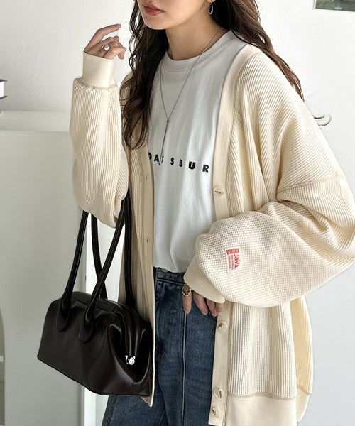 《JaVaジャバコラボ》ラフで上品な大人のゆるカジュアル。配色ステッチVネックワッフルカーディガン（長袖） jv1260505