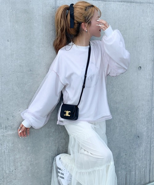 【mily bilet】デイリーからお出かけまであらゆるシーンに大活躍！箔プリントチュール重ねロングTシャツ mi1019058