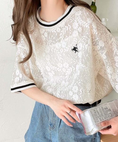 上品レース×スポーティMIXが旬。クロシェ風レースリブラインTシャツ。 ce1050163
