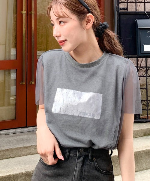 【mily bilet】1枚で上級お洒落style。チュール重ね着風シルバー箔プリントTシャツ mi1149050