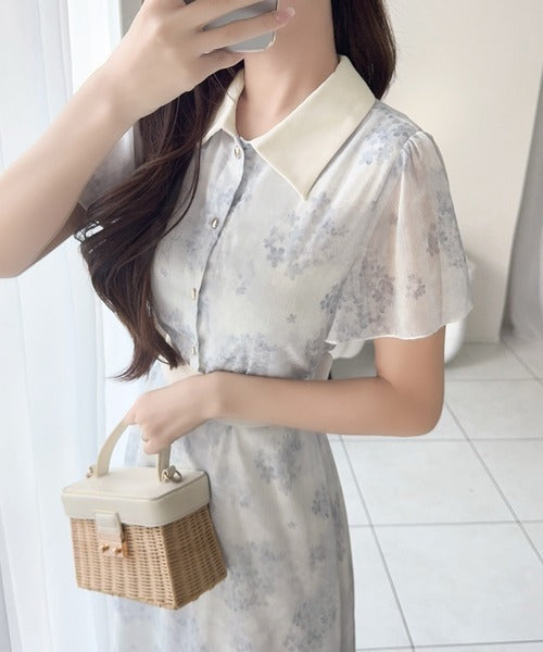 【mily bilet】夏を涼む相棒ワンピ♪水彩フラワーが上品。シアーフローラル バックリボンワンピース (長袖) (ロング) mi1139101