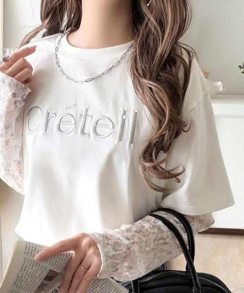 レースでカジュアルの中に女性らしさをプラス!レイヤード風レース袖ドッキングTシャツ（レース柄アソート） ce1010561