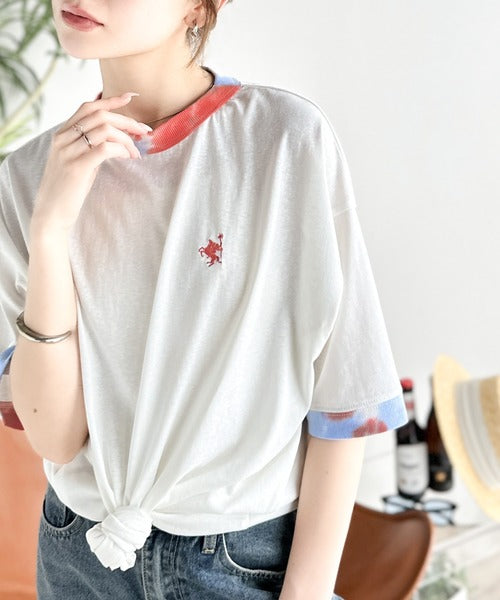 レトロでポップな大人リンガーT。胸刺繍タイダイリンガー半袖T ce1050158
