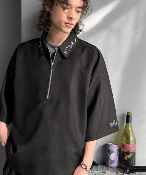 「高見え確定。」刺繍デザインジップシャツ／Embroidered Design Zip Shirt co1010043