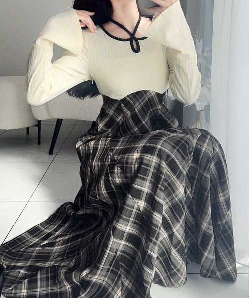 【mily bilet】大人の上品さをブラッシュアップ。チョーカー使い配色パイピングカットソードッキングチェックワンピース mi1139055