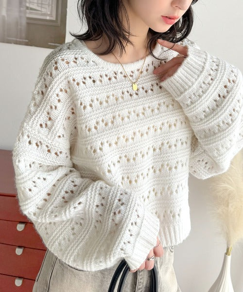 ふんわりとした可愛さを演出☆透かし編みショート丈ニット（長袖） ce1020192
