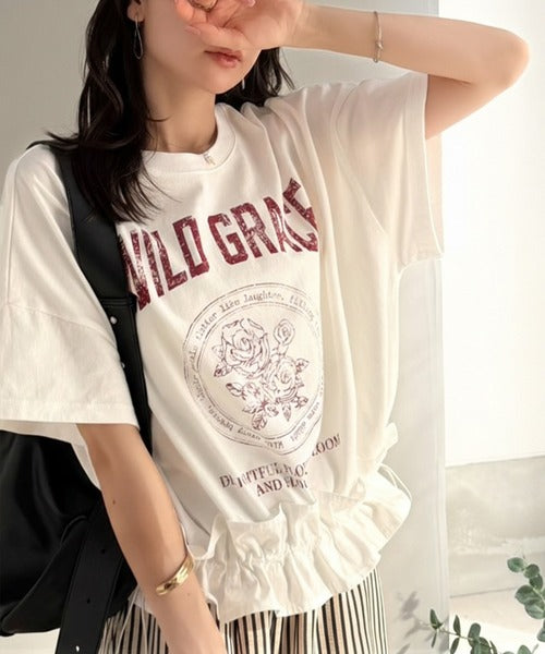 【mily bilet】甘辛バランスが叶う！綿100％ゆるシルエット裾ドロストフリルプリントTシャツ mi1329075