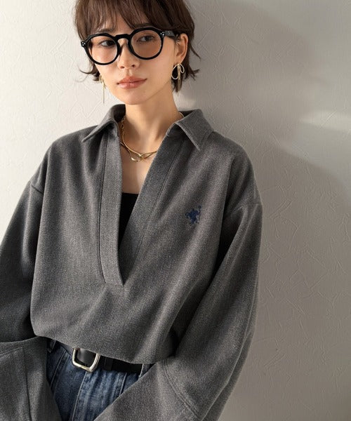 【Classical Evon】優しい温もり、上品見え。圧縮ニット襟付きキーネックプルオーバー ev1110143