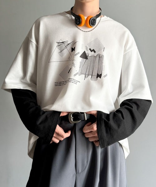 【Classical Origin】幾何学柄ポンチ素材レイヤードTシャツ(長袖)／Geometric Pattern Ponte Layered T-Shirt co1150050