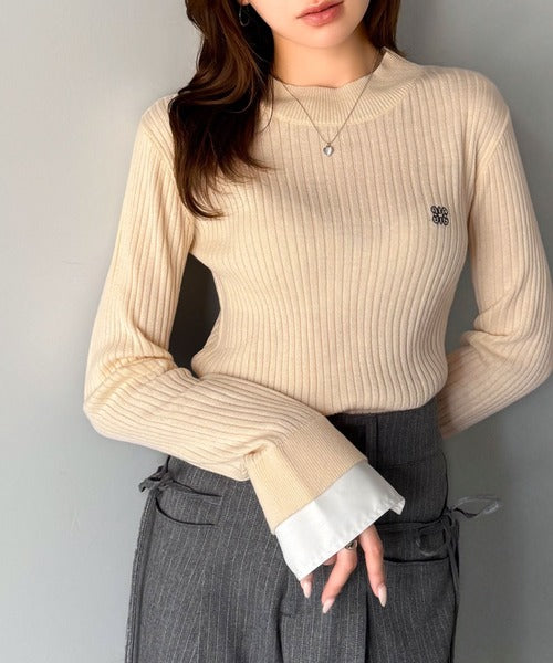 【mily bilet】1枚で完成♪重ね着風デザイン◎カシミアタッチ袖カフスレイヤード刺繍ニット mi1259018