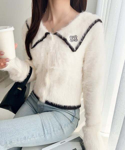 【mily bilet】セーラーカラーが可愛い。ロゴ刺繍ビッグセーラーシャギーニットカーディガン mi1029146