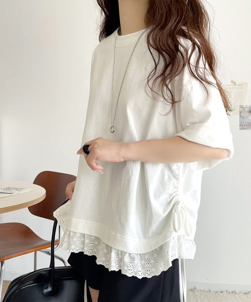 体型カバーも叶う！重ね着風で即こなれ感♪ レイヤード風サイドドロスト裾 綿100％レースビッグTシャツ ce1010463
