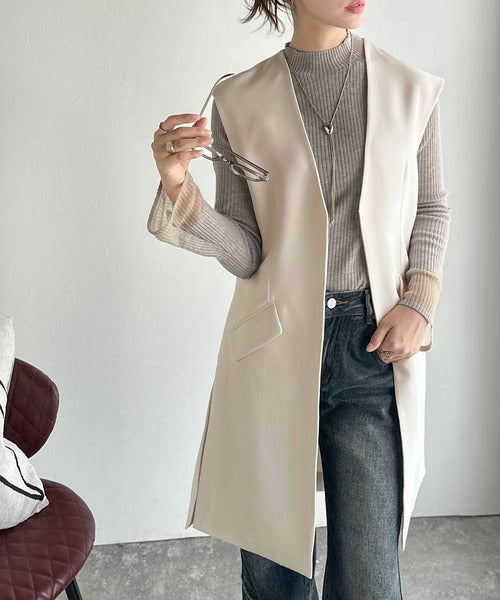 足し算でファッションを楽しむ♪大人のレイヤードアイテム。フラップポケット付きロングジレ（セットアップ可能） ce1070180