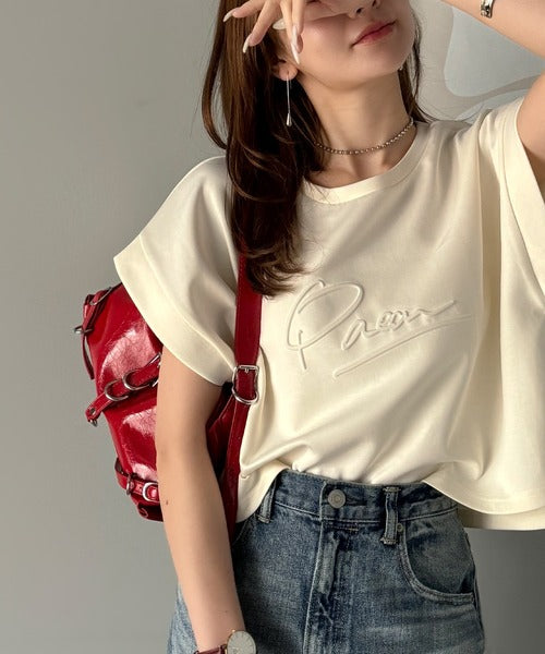 《JaVaジャバコラボ》上品な大人の抜け感。フロントPAEANエンボス加工半袖Tシャツ（ロゴ） jv1260427