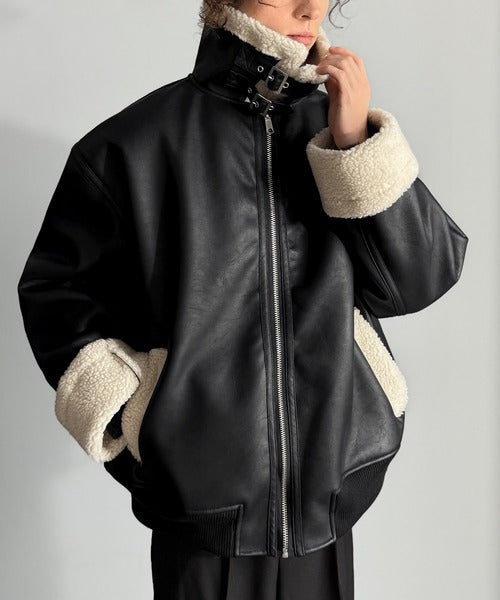 【Classical Origin】「ずっしりかっこいい。」2way襟ボア切り替えフェイクレザージャケット／2way Boa Collar Faux Leather Jacket co1150081