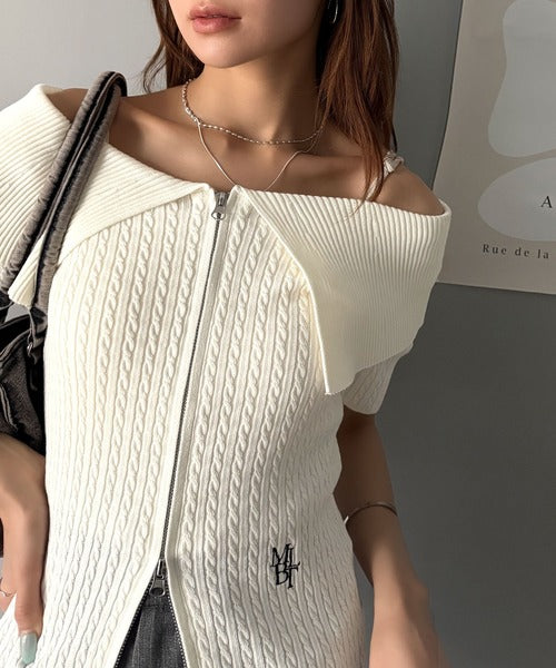 【mily bilet】抜け感レディースタイル。ロゴ刺繍オフショル２WAYダブルジップケーブル柄サマーニット（半袖） mi1029121
