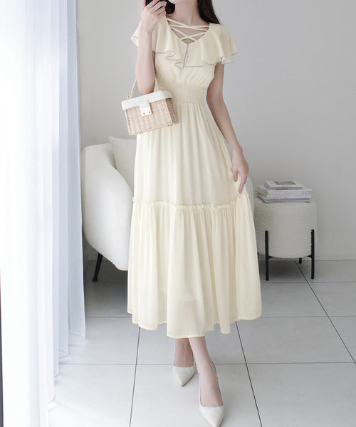 【mily bilet】今季上品に大活躍♪クロスデザイン楊柳使いフリル襟ワンピース mi1139081