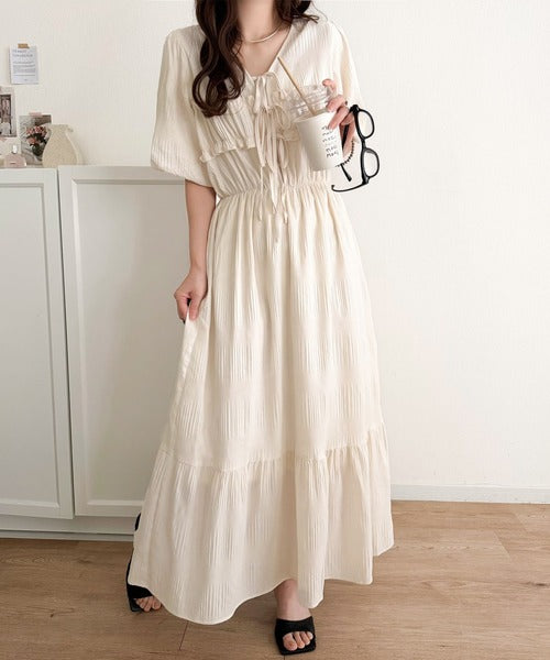 【mily bilet】1枚で華やぐ♪揺れ感シアーフリルリボンプリーツロングワンピース mi1019134