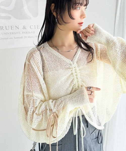 【mily bilet】ルーズな愛らしさで魅了する。透かし編みギャザー仕様リボンプルオーバー（長袖） mi1029102