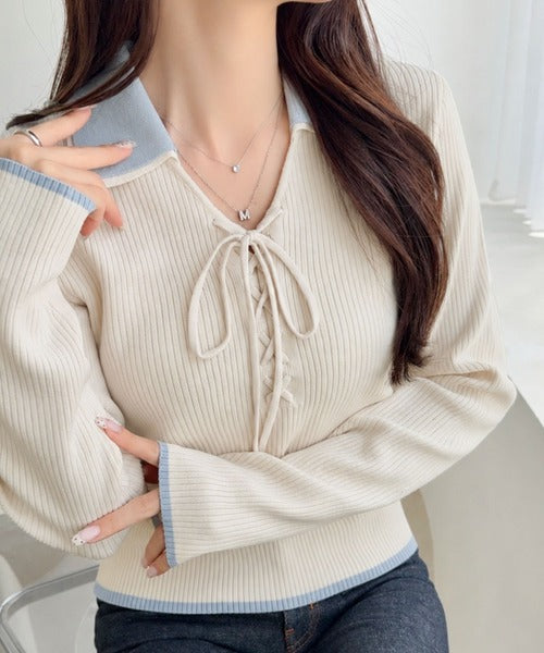 【mily bilet】大人可愛いは、引き算しない。ダブル襟配色レースアップリボンニットトップス（長袖） mi1359090