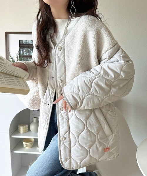 《JaVaジャバコラボ》軽くて暖かい、旬顔ボア切替♪ノーカラーひょうたんキルティングコート jv1240103