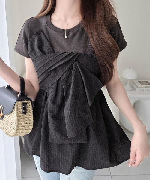 【mily bilet】忙しい朝も悩まない、初夏の一軍トップス。リボンビスチェドッキングTシャツ (半袖) mi1019145