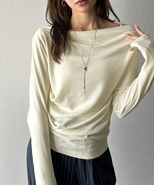 【mily bilet】アシメデザインで美しく。シェルボタン使いドレープカットソー（長袖） mi1329031