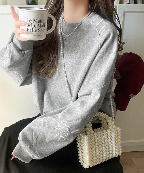 袖に遊び心を忍ばせたラク可愛い一枚♪袖ネコ刺繍裏起毛PO ce1050327