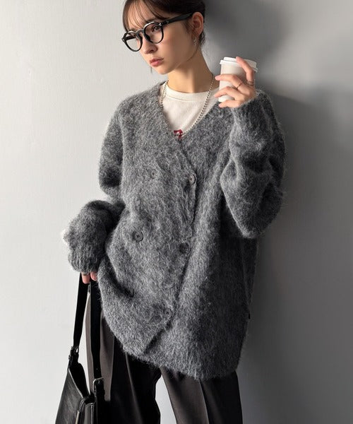 【Classical Origin】「アートな1着。」ミックスシャギー素材ダブルテーラードニットカーディガン／Mixed Shaggy Double-Tailored Knit Cardigan co0780011