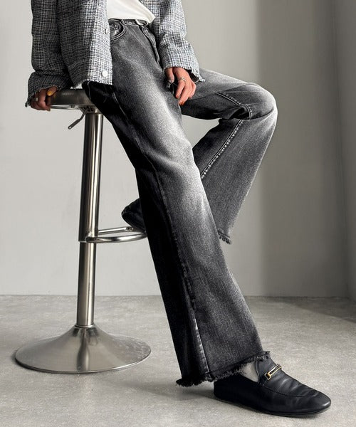 【Classical Origin】「スタイル盛れる。」ブラスト＆裾フリンジ加工ストレッチ素材スリムフレアデニムパンツ／Blasted & Fringed Stretch Slim Flare Denim Pants co0900008