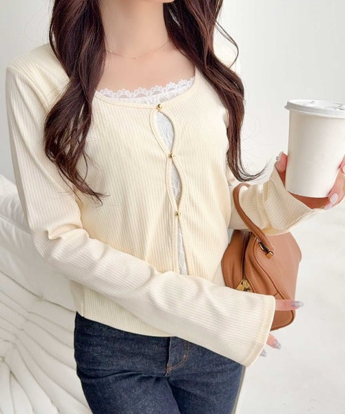 【mily bilet】重ね着風デザインで華やかに♪ レースキャミフェイクレイヤードトップス mi1329070