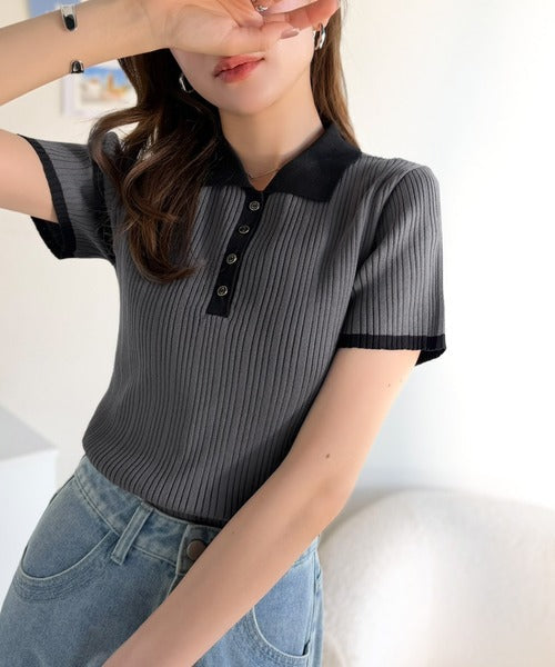 【mily bilet】オン・オフ使えて、春夏コーデにピッタリ。金縁ボタン使いバイカラーリブポロニット(半袖) mi1029197