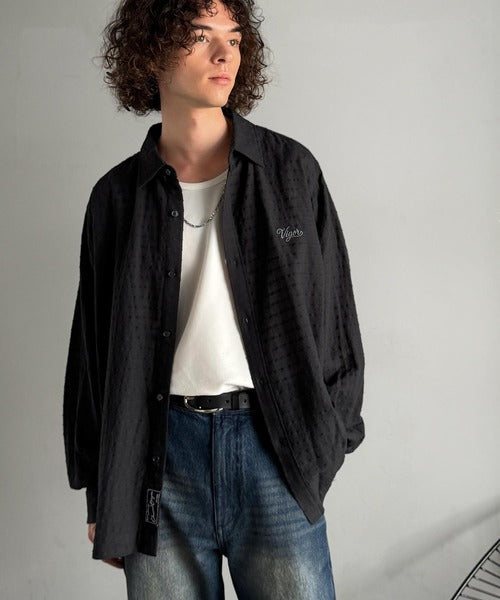 【Classical Origin】「凹凸感の存在感。」綿100％胸元刺繍入りドビー織シャツ（長袖）／Dobby Weave  Embroidered Shirt co1320003
