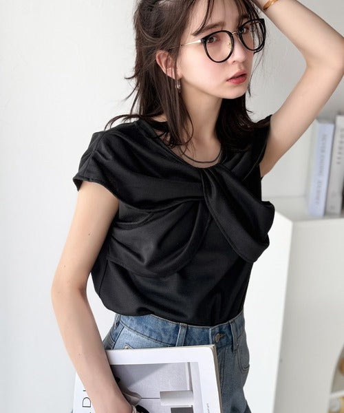 ”きれいめラフ”にこれ一択♪胸元ツイストリボンデザインTシャツ（半袖） ce1110121