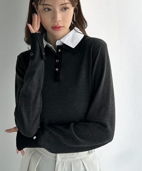 【mily bilet】重ね着風で上品見え◎レイヤード風シャツダブル襟使いカフス切り替えニットプルオーバー（長袖） mi1029159