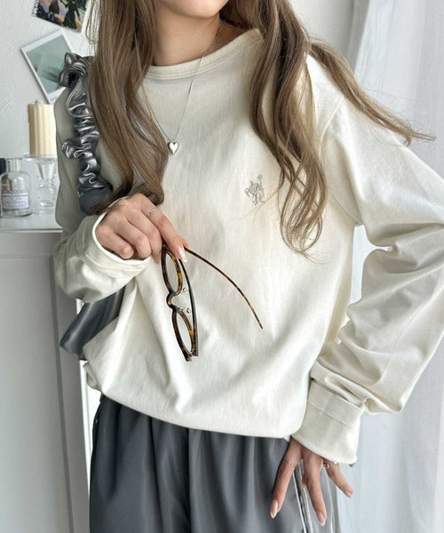 ヴィンテージ感をプラス。綿100%衿バイカラーワンポイント刺繍ロンTシャツ ce1260203