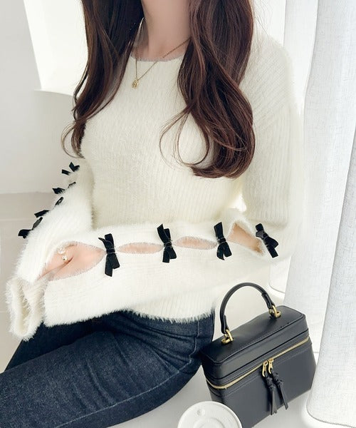 【mily bilet】品よく可愛い♪ふんわり愛されニット。甘さと抜け感が◎袖リボン使いフェザーシャギーリブニット mi1029132