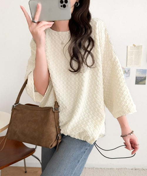 凹凸がコーデを上品に彩る♪前後差フクレジャガードドロストプルオーバー (半袖) ce1050374