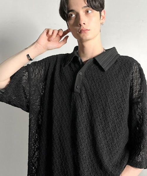 「透け感、モードの余韻。」衿ダブルライン使いレース柄ニットポロシャツ/Lace Detail Knit Polo Shirt co1010010