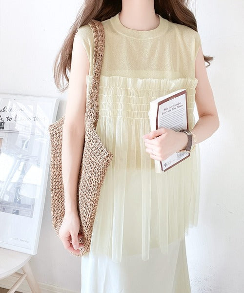 【mily bilet】ふんわり大人可愛いシアーラメトップス。チュールフリル使いノースリーブシアーニット mi1149052
