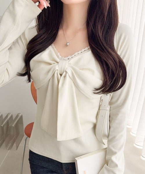 【mily bilet】一枚でときめく、主役級ビッグリボン×繊細レースで大人ガーリーに♪リボンレーストップス（長袖） mi1019160