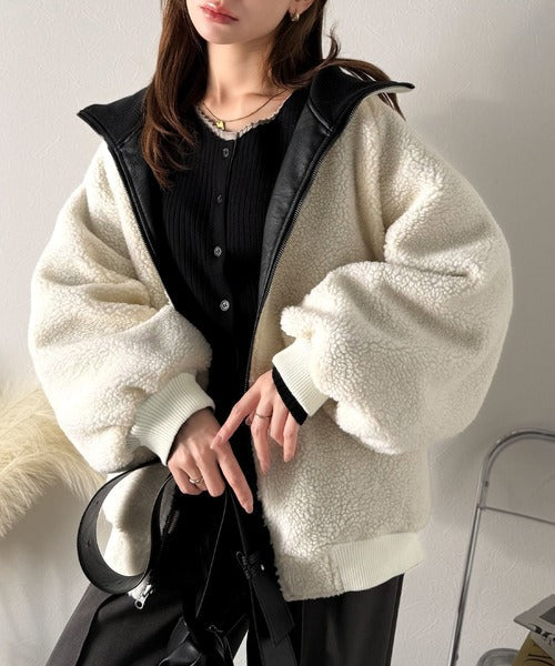 《JaVaジャバコラボ》気分に合わせて変化を楽しむ。2wayフェイクレザー×ボアリバーシブルブルゾン jv1010525